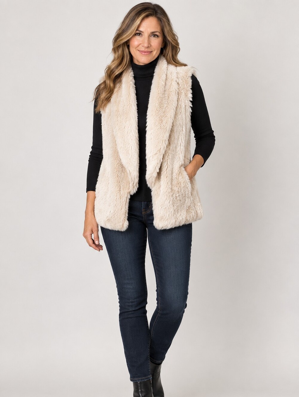 Democracy Faux Fur Y2k Vest‎ Pockets Lined Open Front Luxurious Lg Plush Shaggy